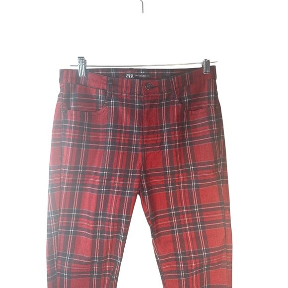 ZARA Red & Black Plaid Men Size 32 Slim Fit Trousers With Pockets - Picture 5 of 12